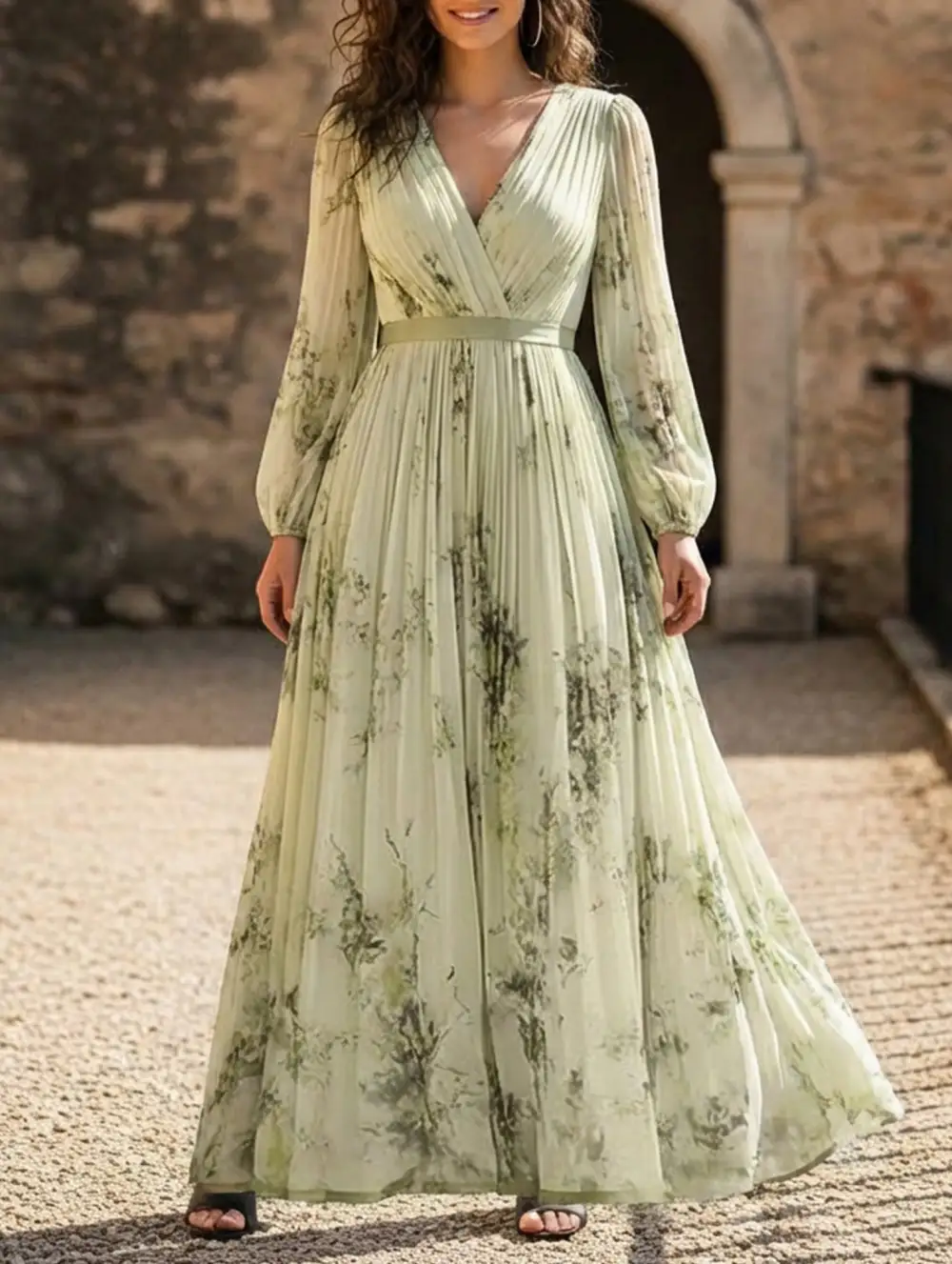 V-Neck Pleated Printed Slim Maxi Dress