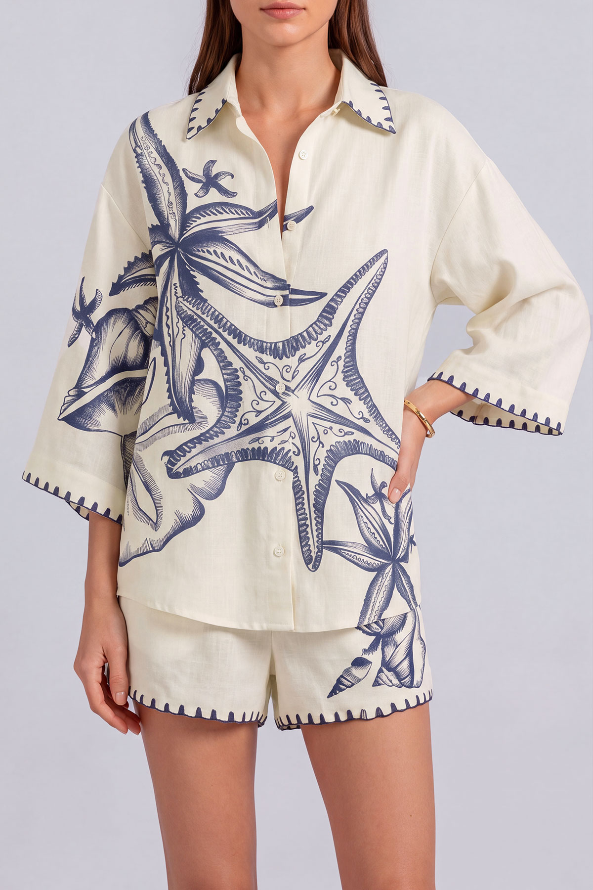 Button Front Printed Matching Shorts Set
