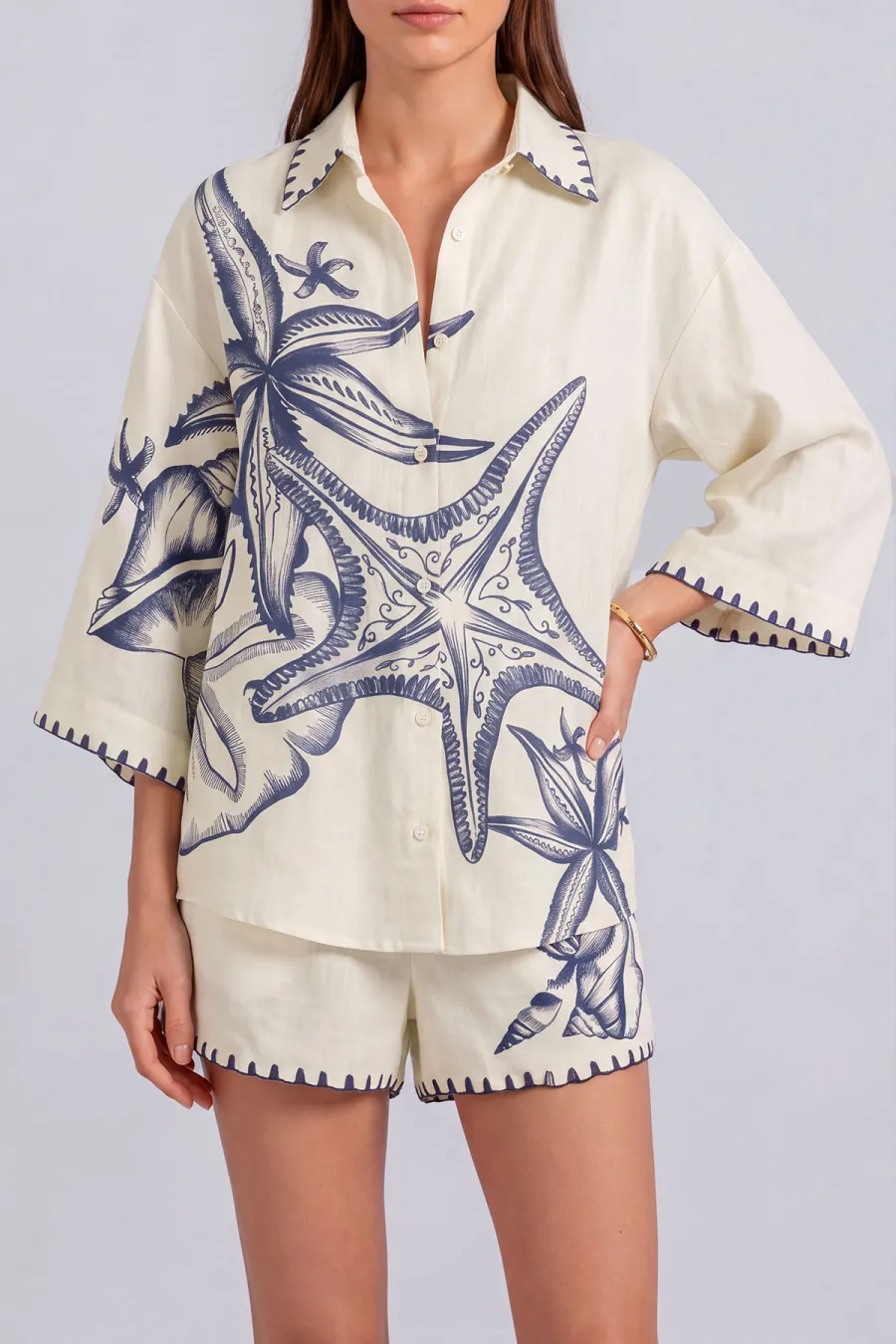 Button Front Printed Matching Shorts Set