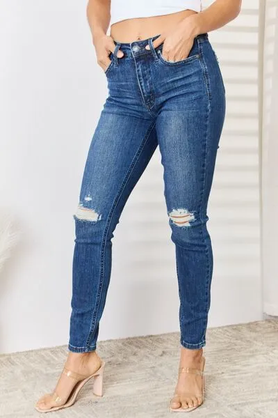 Balanced High Waist Distressed Denim Jeans