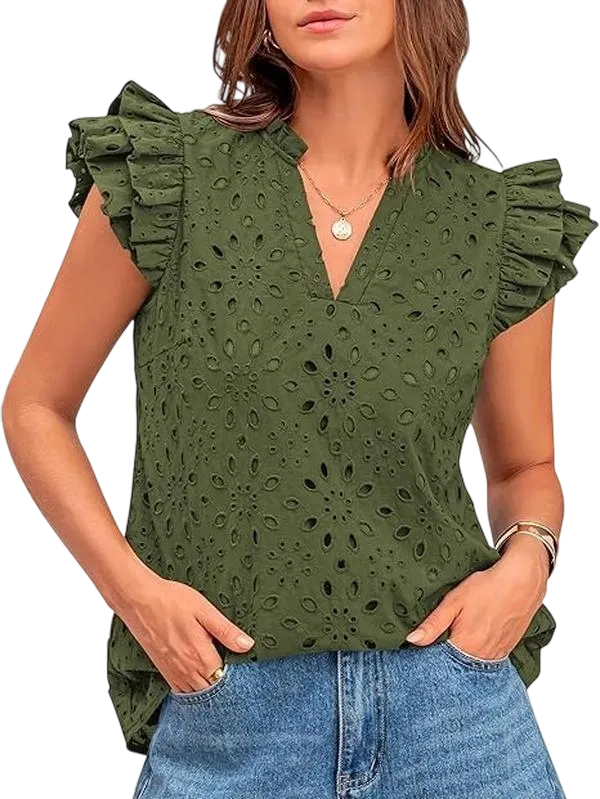 9PACK-Women Summer Eyelet Tops Dressy Casual V-Neck Ruffle Cap Sleeve Cotton Boho Shirts