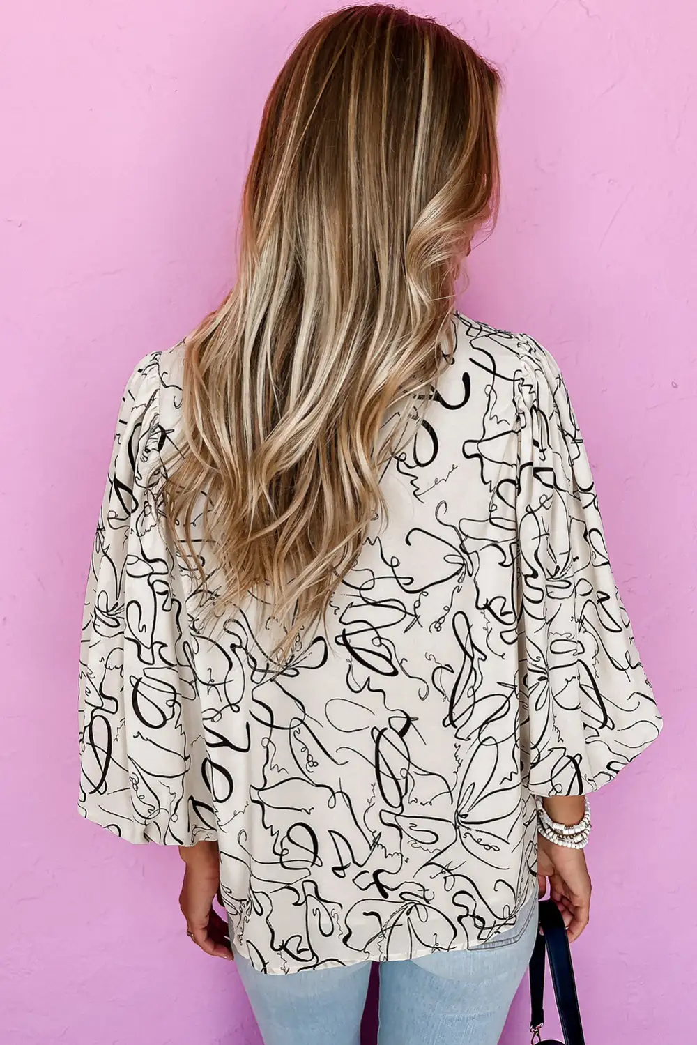 Abstract Print Balloon Sleeve Crew Neck Blouse