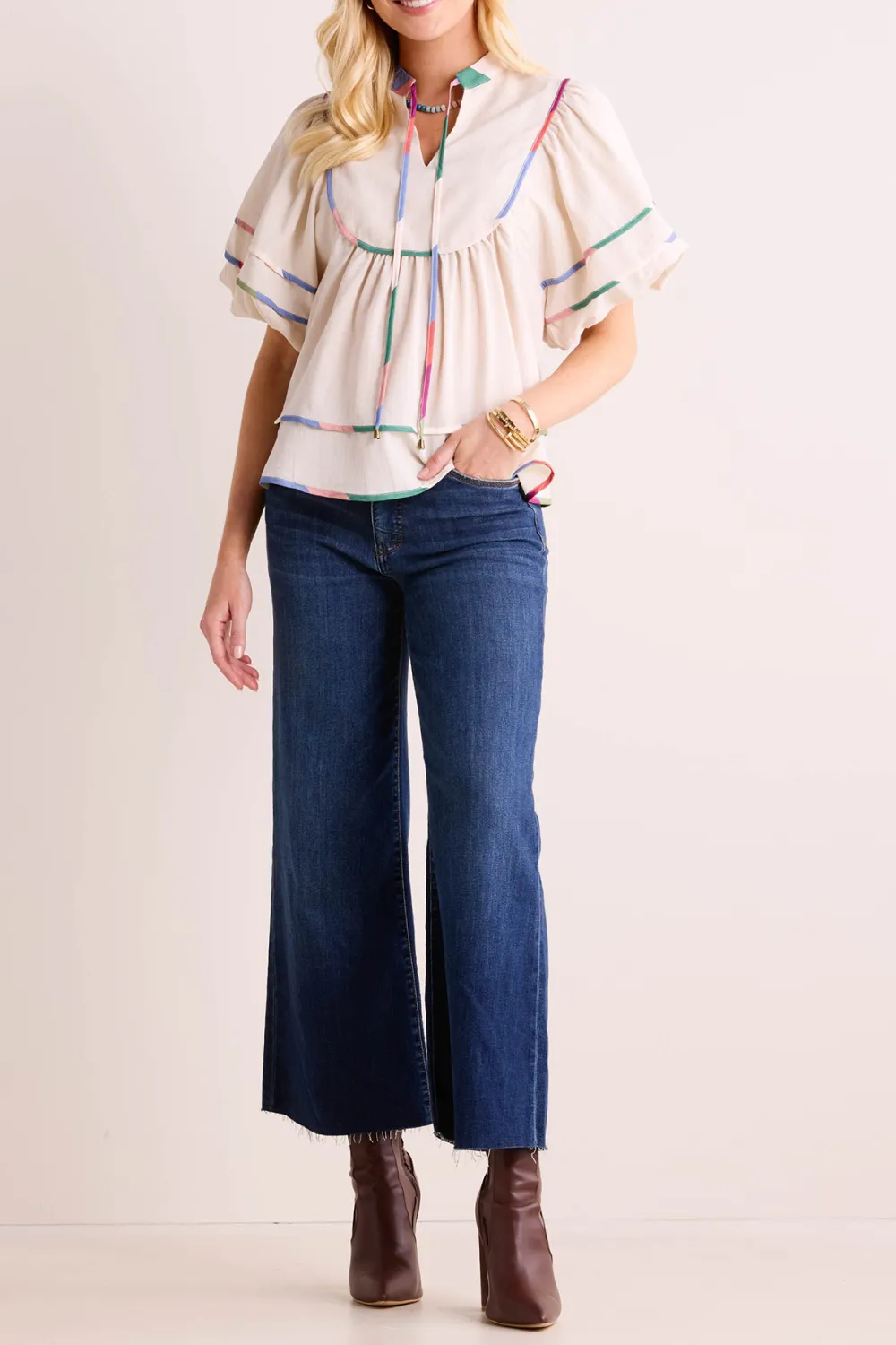 Multicolored Trim Puff Sleeve Drawstring Top