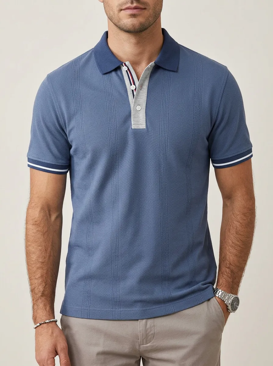 Men's Knit Ribbed Textured Vertical-Stripe Contrast-Placket Polo Shirt