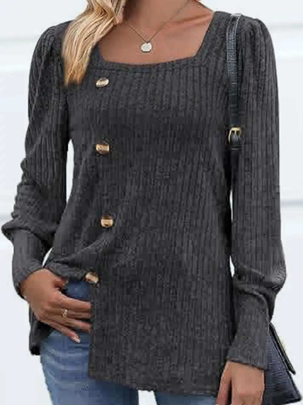 Button Front Square Neck Blouse