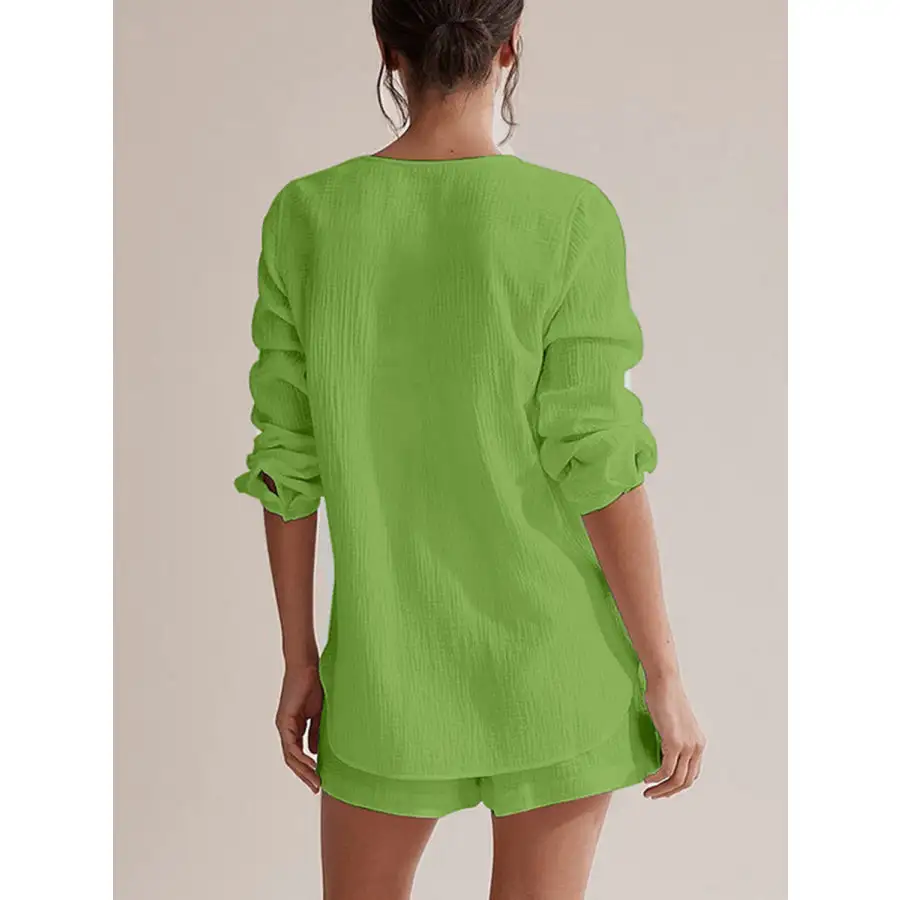 Relaxed Notched Long Sleeve Top and Shorts Set