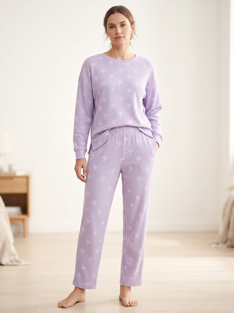 Women's Mushroom Waffle-Texture Crewneck Lounge Set