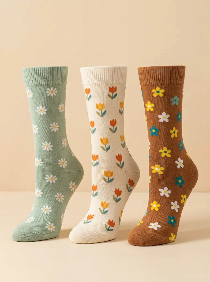 Weather Inspired Daisy Tulip Floral Three Pair Sock Set