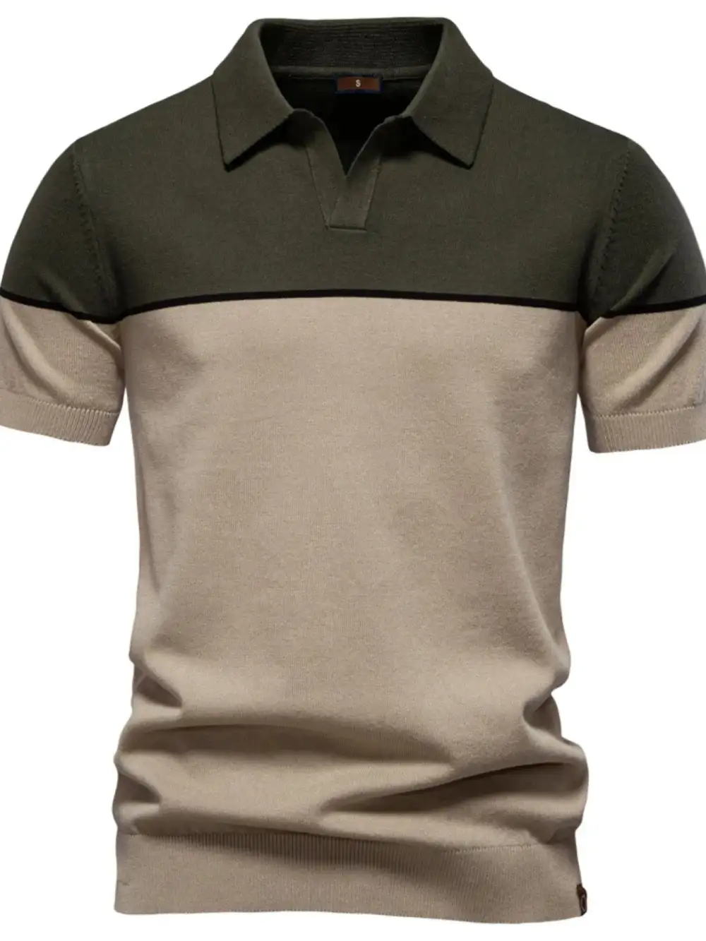 Short-Sleeve Color-Block Contrast-Stitch Ribbed Polo Shirt