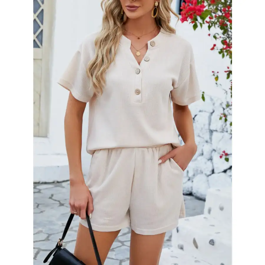 Casual Button Detail Ribbed Top and Shorts Two Piece Set