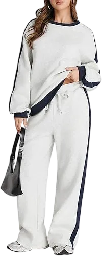 Women's 2 Piece Outfit Fleece Sweatsuit Casual Lounge Matching Sets Crewneck Loose Fit Cozy Sweatshirt & Straight Leg Sweatpants Womenswear Clothes Chic