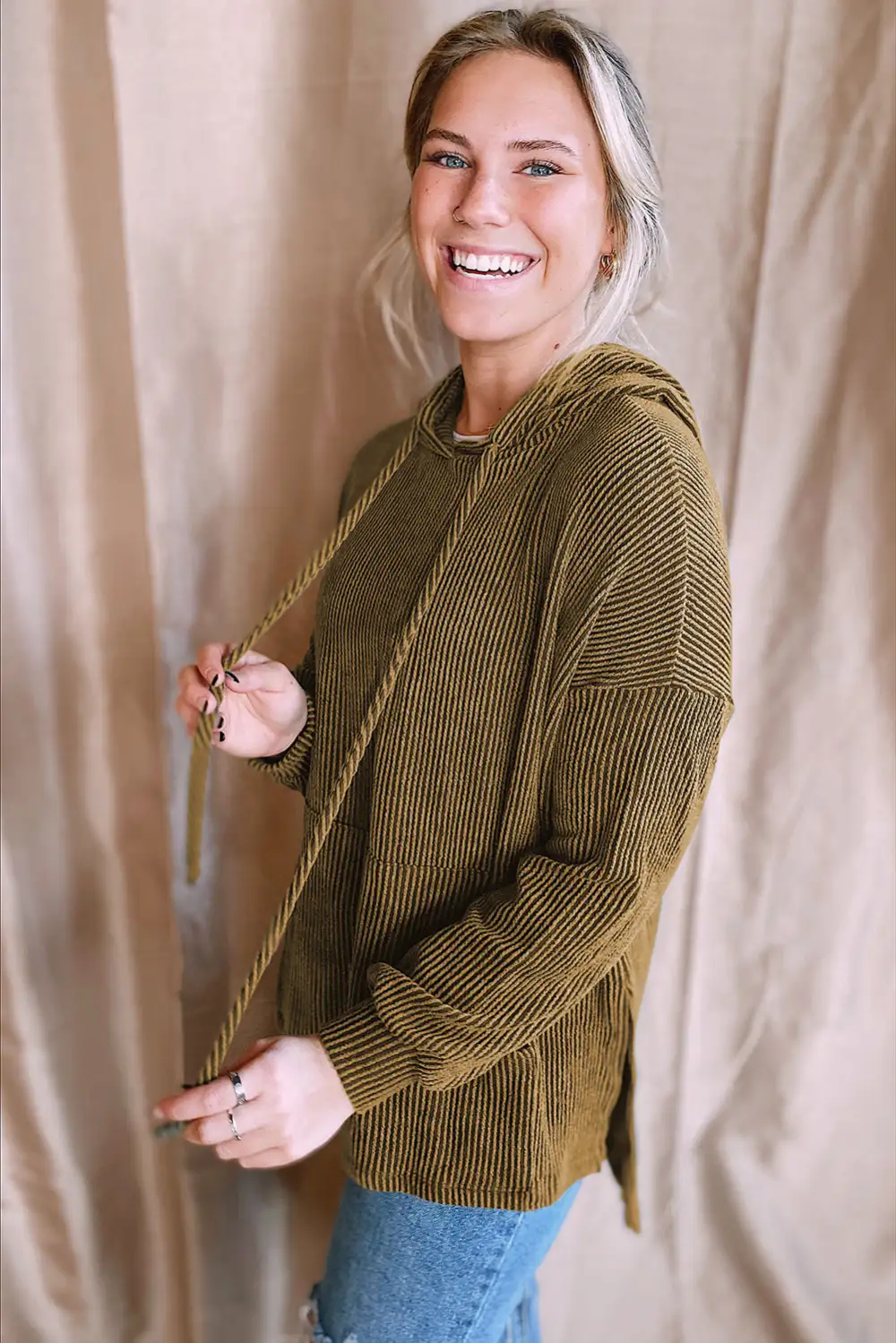 Ribbed Drawstring Kangaroo Pocket Hoodie