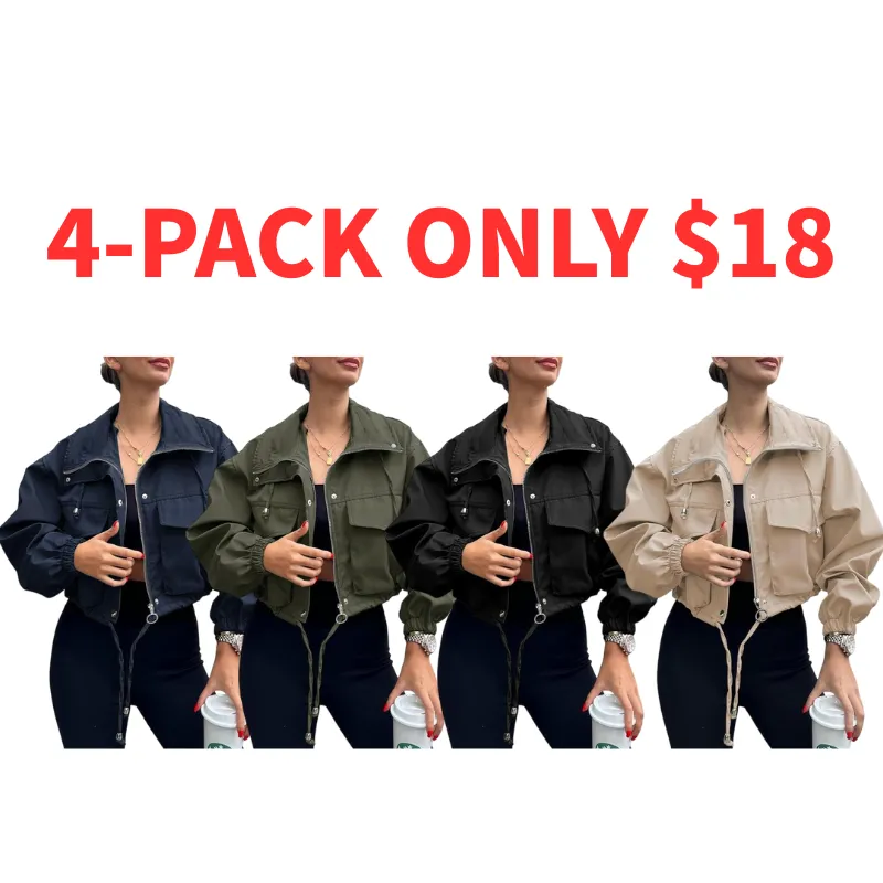 Women's Solid Zip Up Drawstring Hem Jacket, Casual Long Sleeve Collared Outerwear