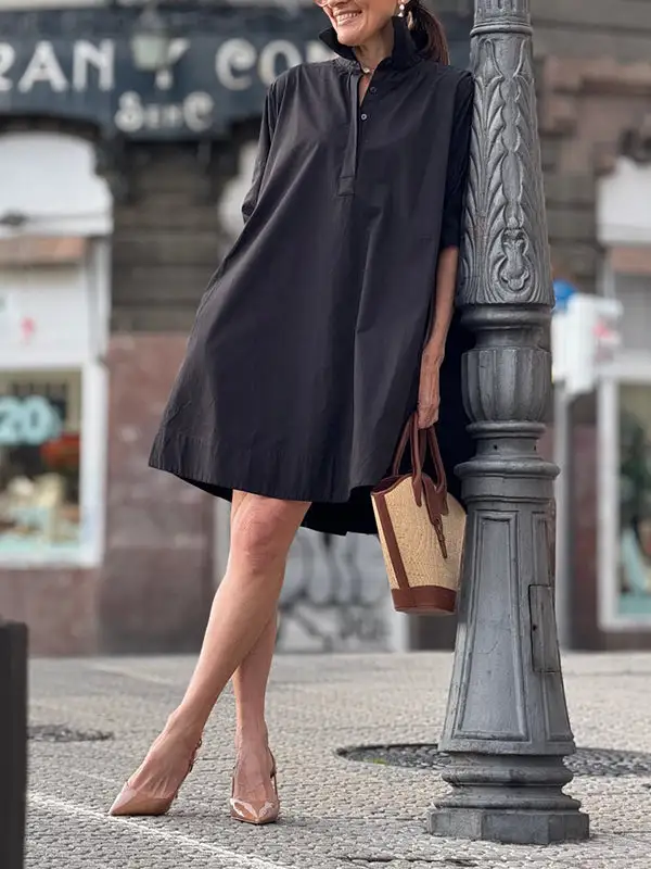 A Line Short Sleeve Solid Color Split Joint Lapel Mini Dress