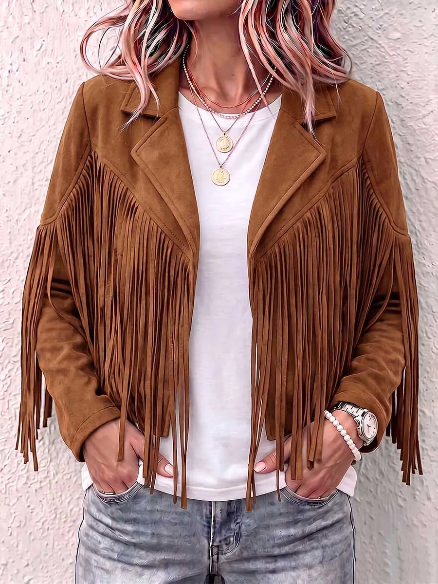 Women S Solid Color Lapel Long-sleeved Casual Loose Tassel Jacket