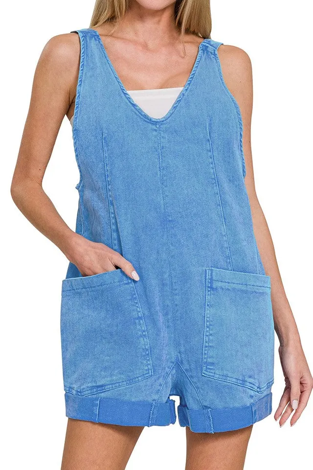 Washed Denim Romper With Pockets Ocean