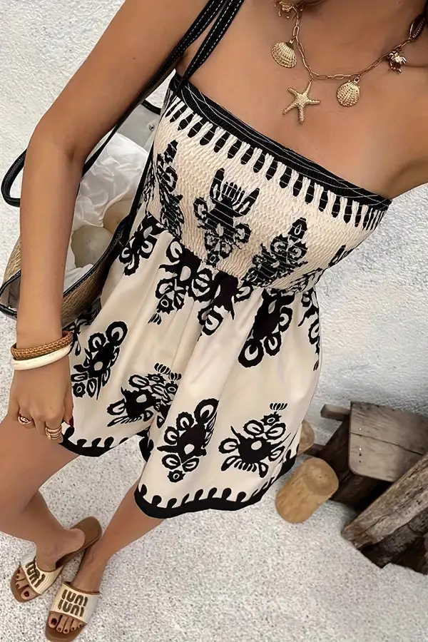 Printed Smocked Bandeau Romper