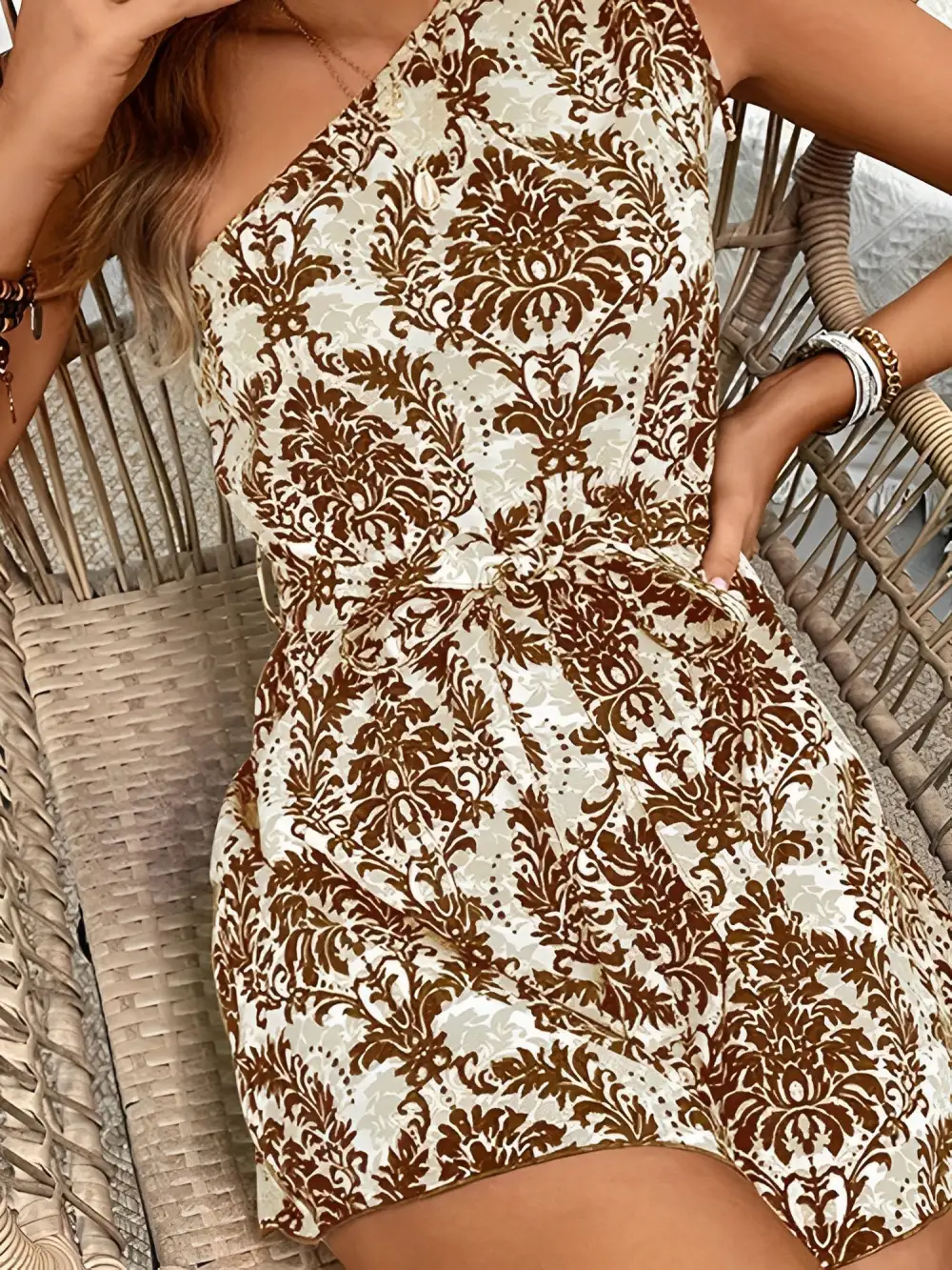 Boho Floral One-Shoulder Tie-Waist Romper