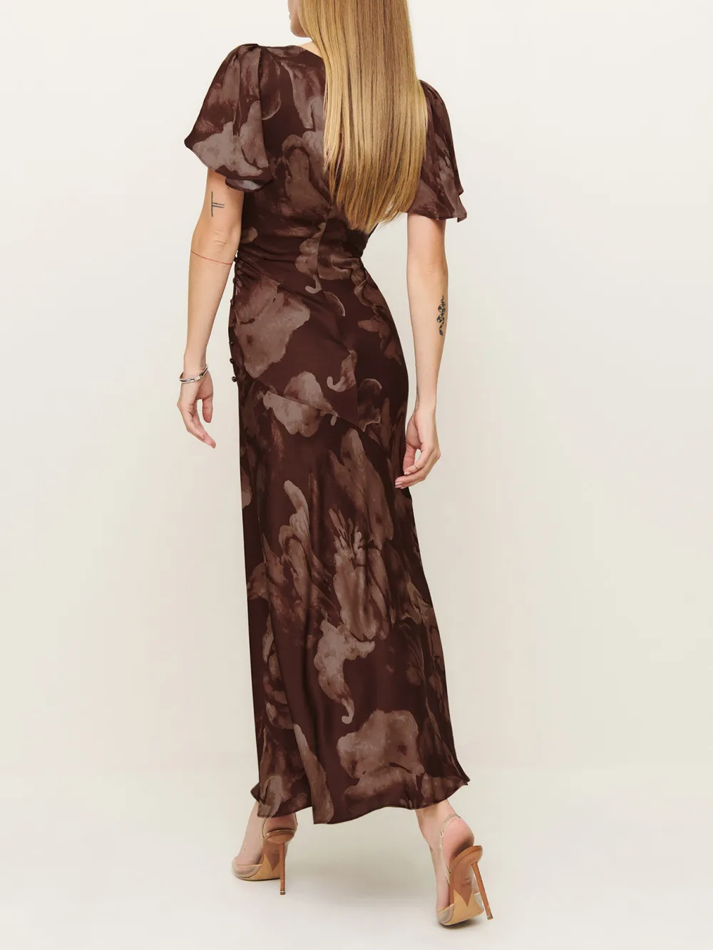 V Neck Flutter Sleeve Floral Maxi Dress