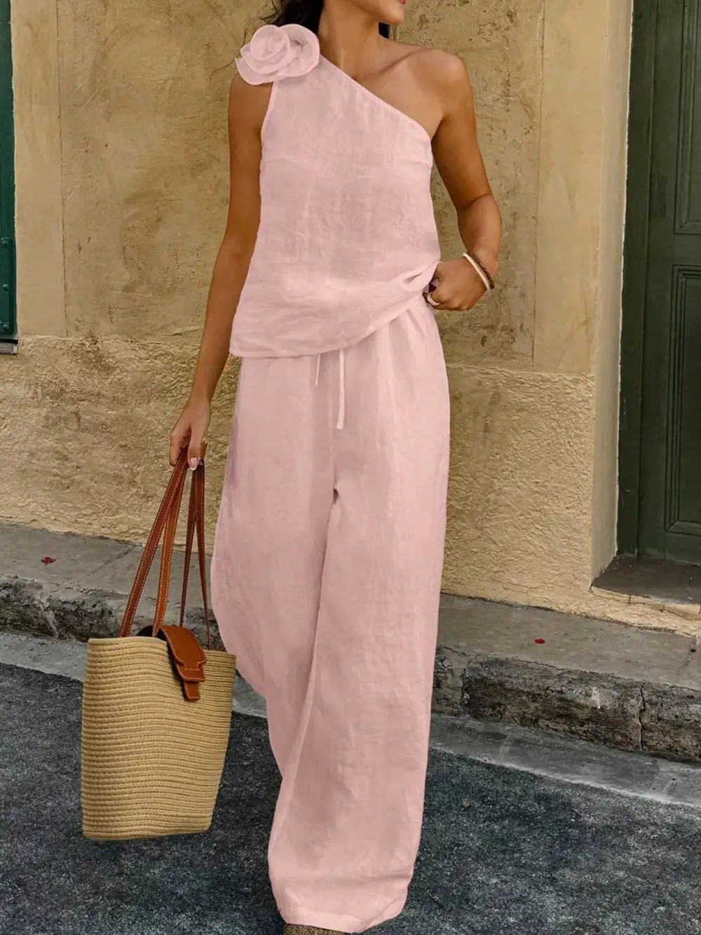 One-shoulder Embellished Top and Pants Set