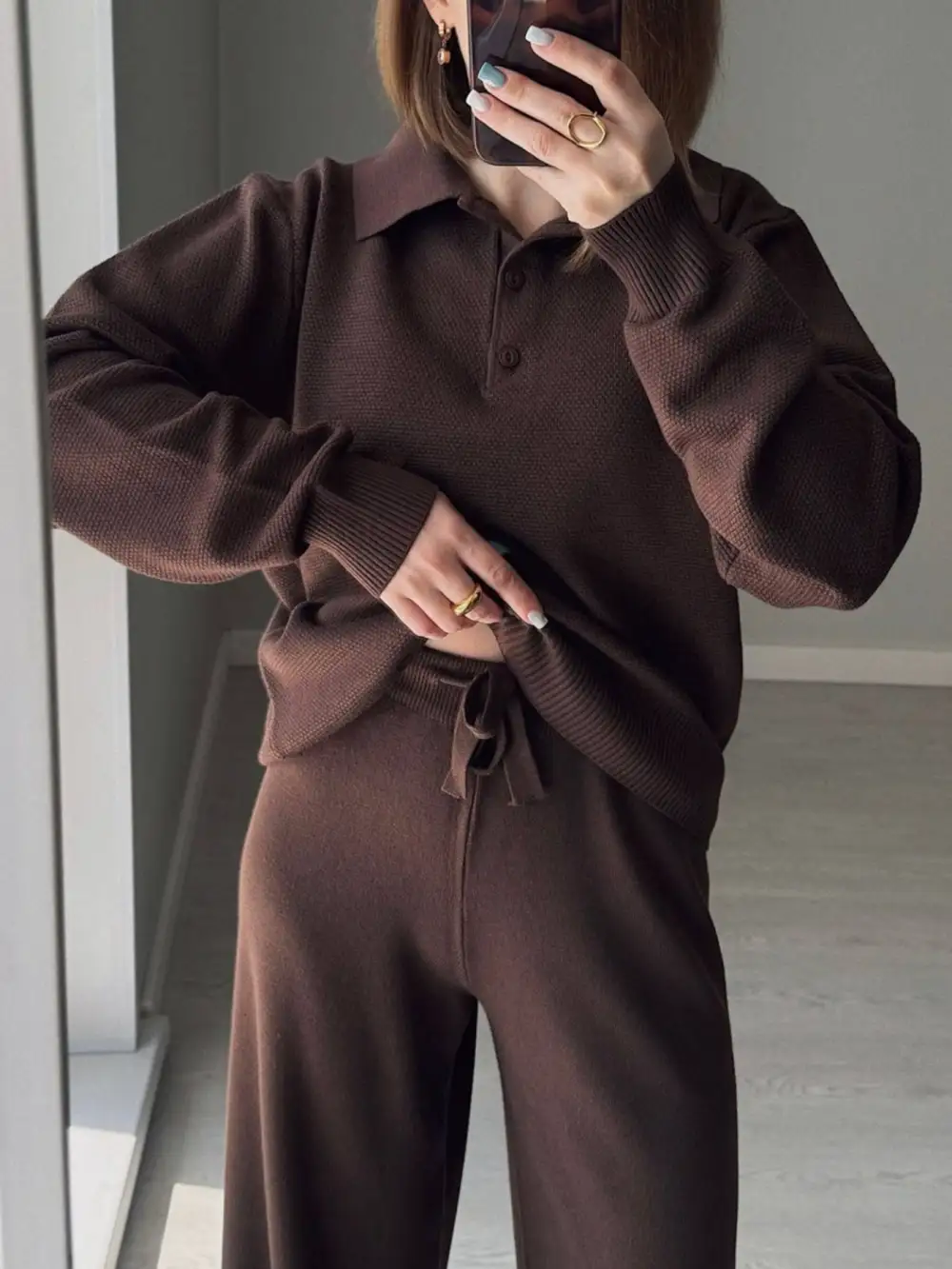 Polo Collar Top and Pants Or Skirt Knit Set