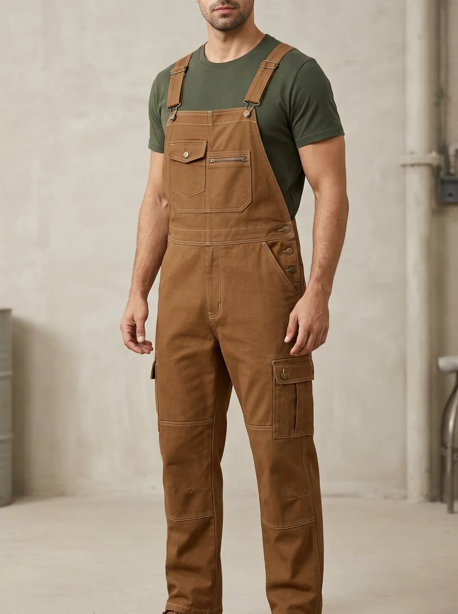 Men's Brown Canvas Multi-Pocket Cargo Bib Overalls