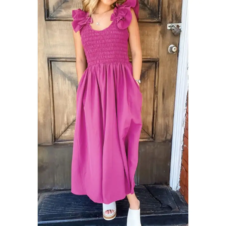 Solid Ruffled Straps Smocked Ruched Maxi Dress
