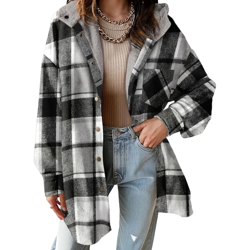 Women's Flannel Hooded Plaid 2025 Shacket Thick Coat