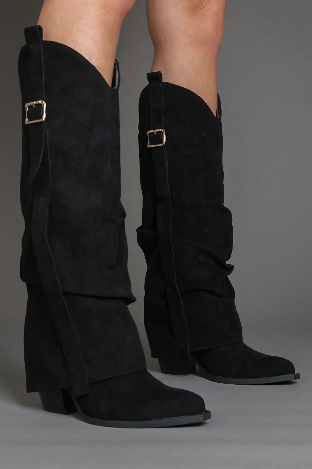 Refined Western Slouch Fold-Over Buckle Detail Knee High Boots