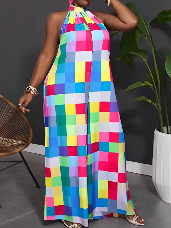 Losse Mouwloze Geruite Geplooide Jumpsuits Met Halternek En