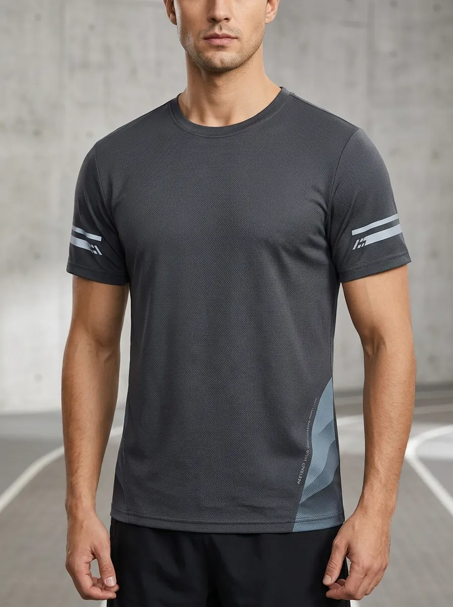 Men's Fitness Reflective Strip Printed Quick-Dry Crew Neck T-Shirt