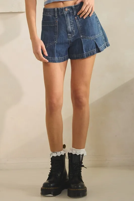 Pleated Denim Shorts