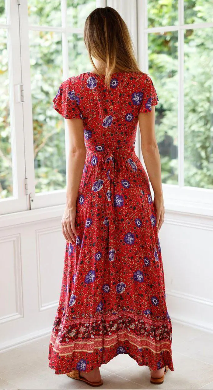 Short Sleeve Boho Floral High Split Maxi Dress