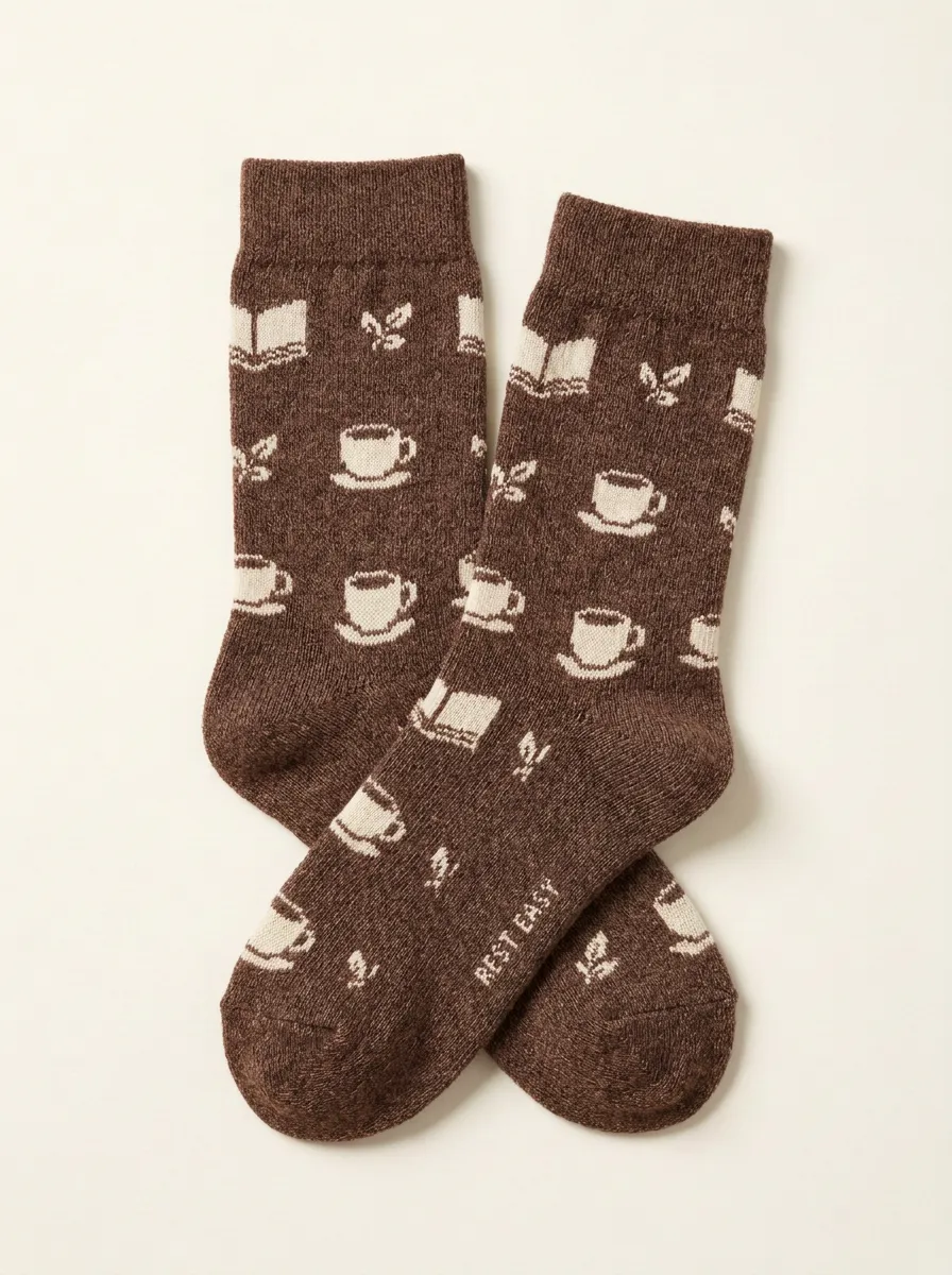 Soft Coffee-Motif Book-Motif Casual Socks