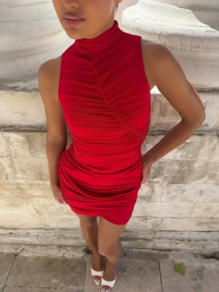 Bodycon High Neck Sleeveless Ruched Mini Dress