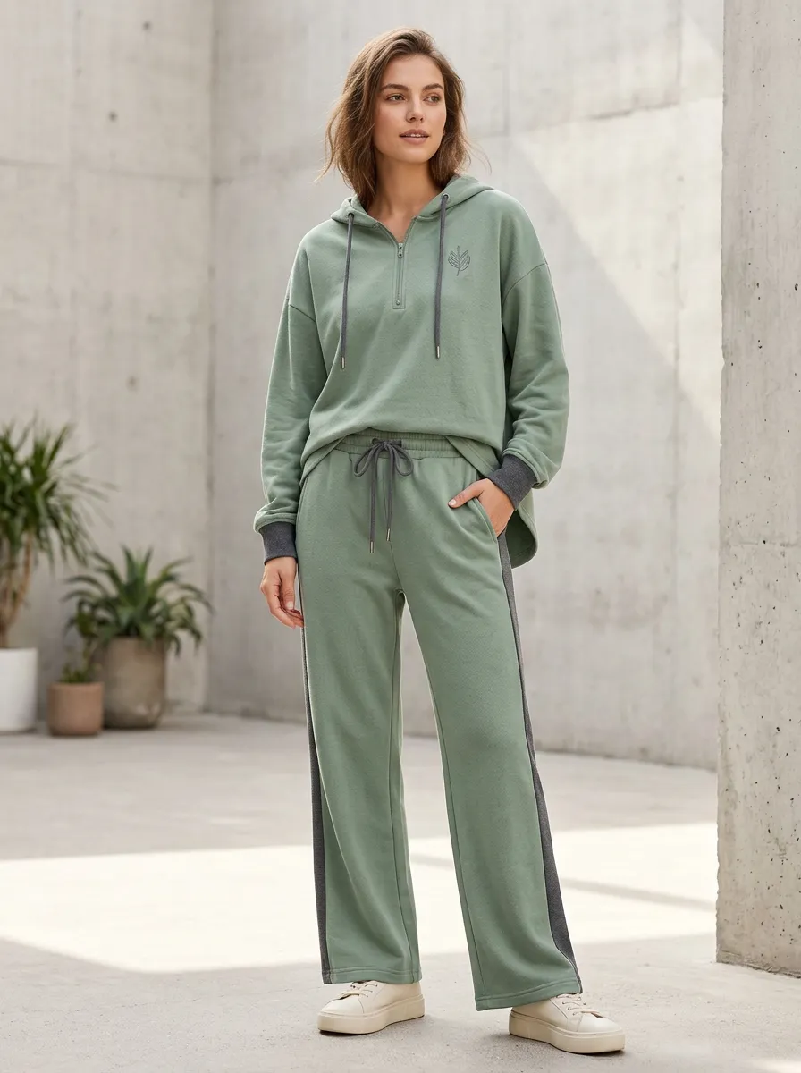 Women's Sage Green Leaf Embroidered Quarter-Zip Hooded Tracksuit