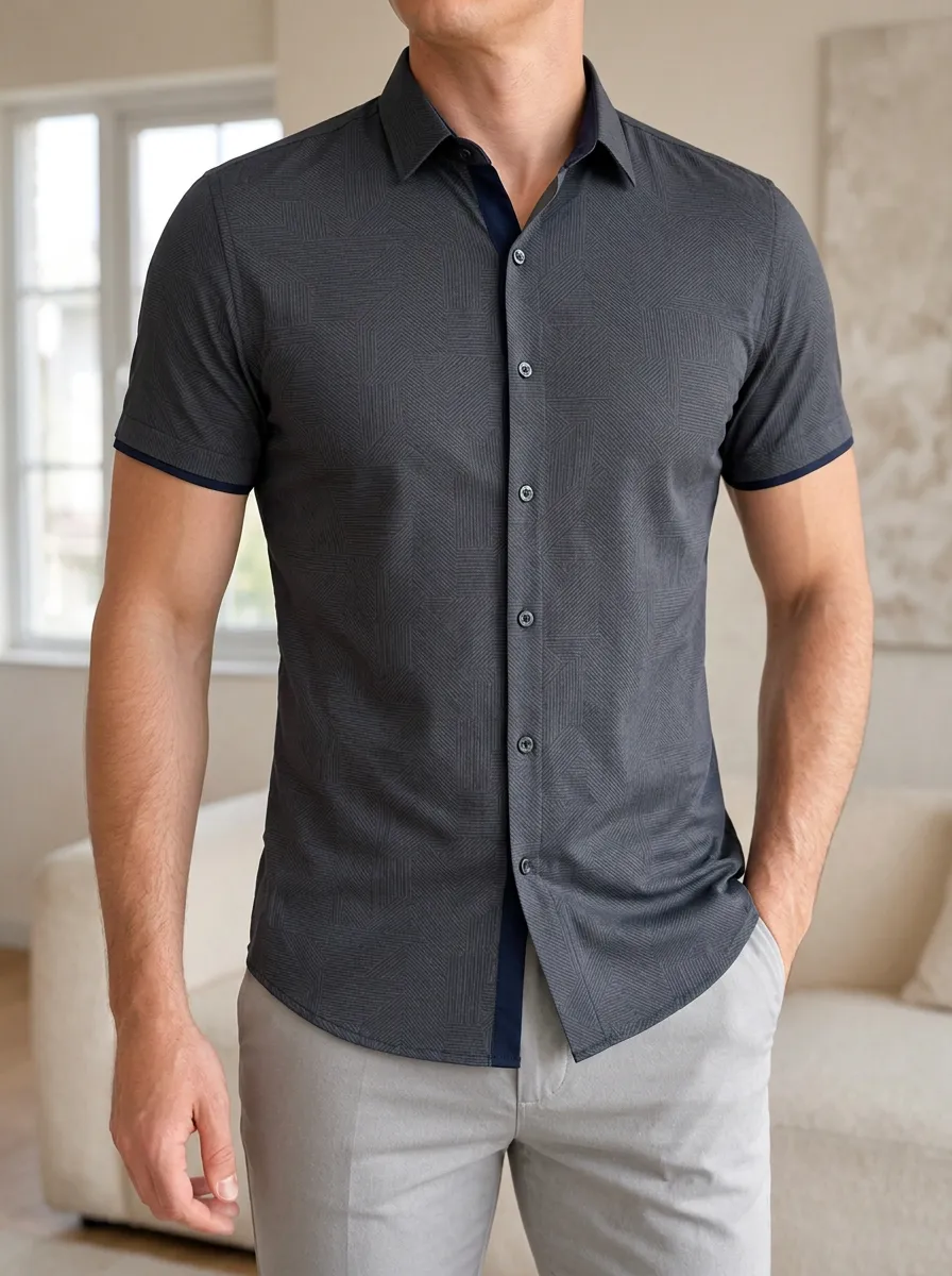 Men's Slim Fit Geometric Pattern Printed Short Sleeve Shirt