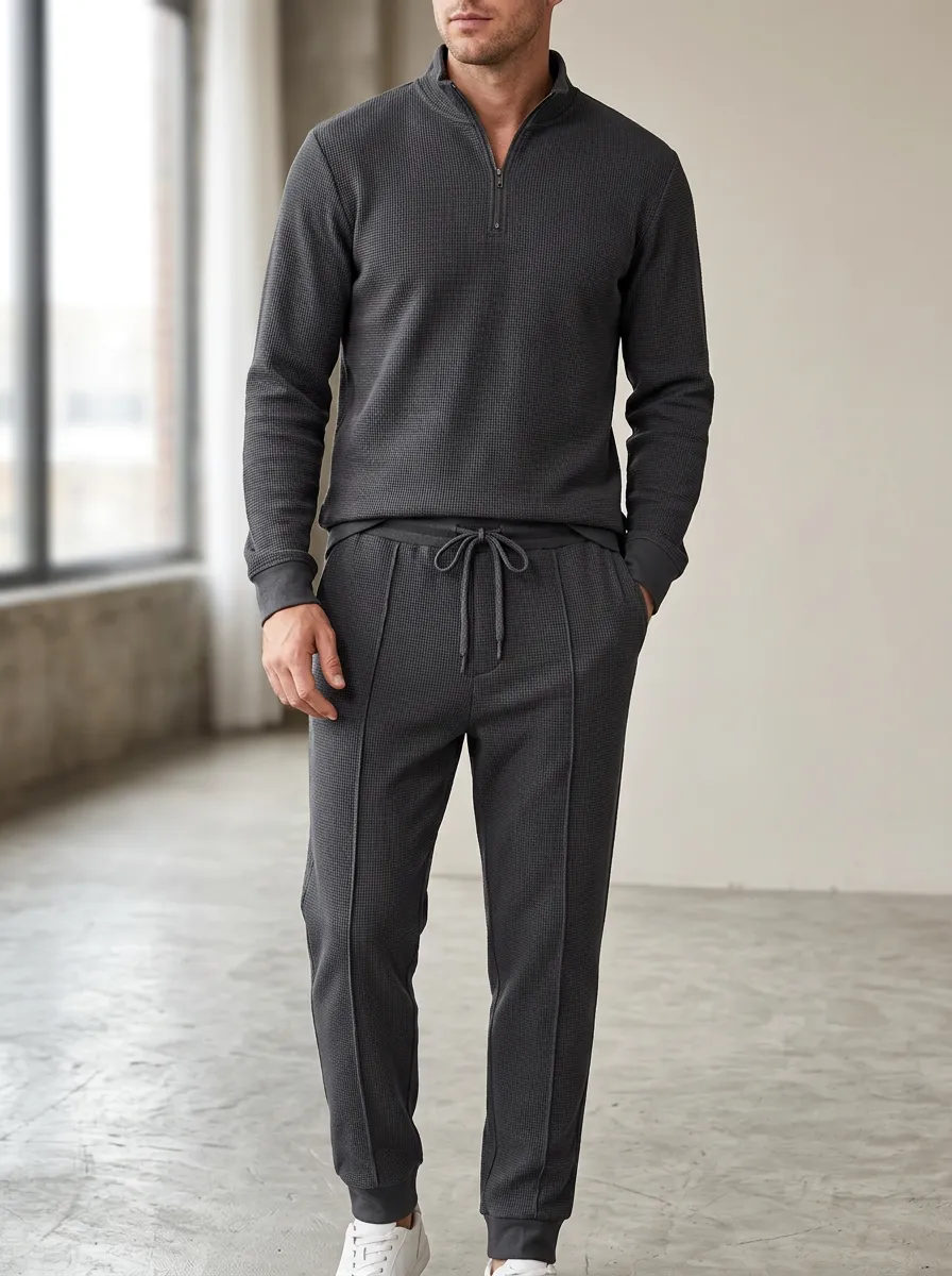 Minimal Waffle Knit Waffle Texture Utility Look Men's Waffle Knit Lounge Set