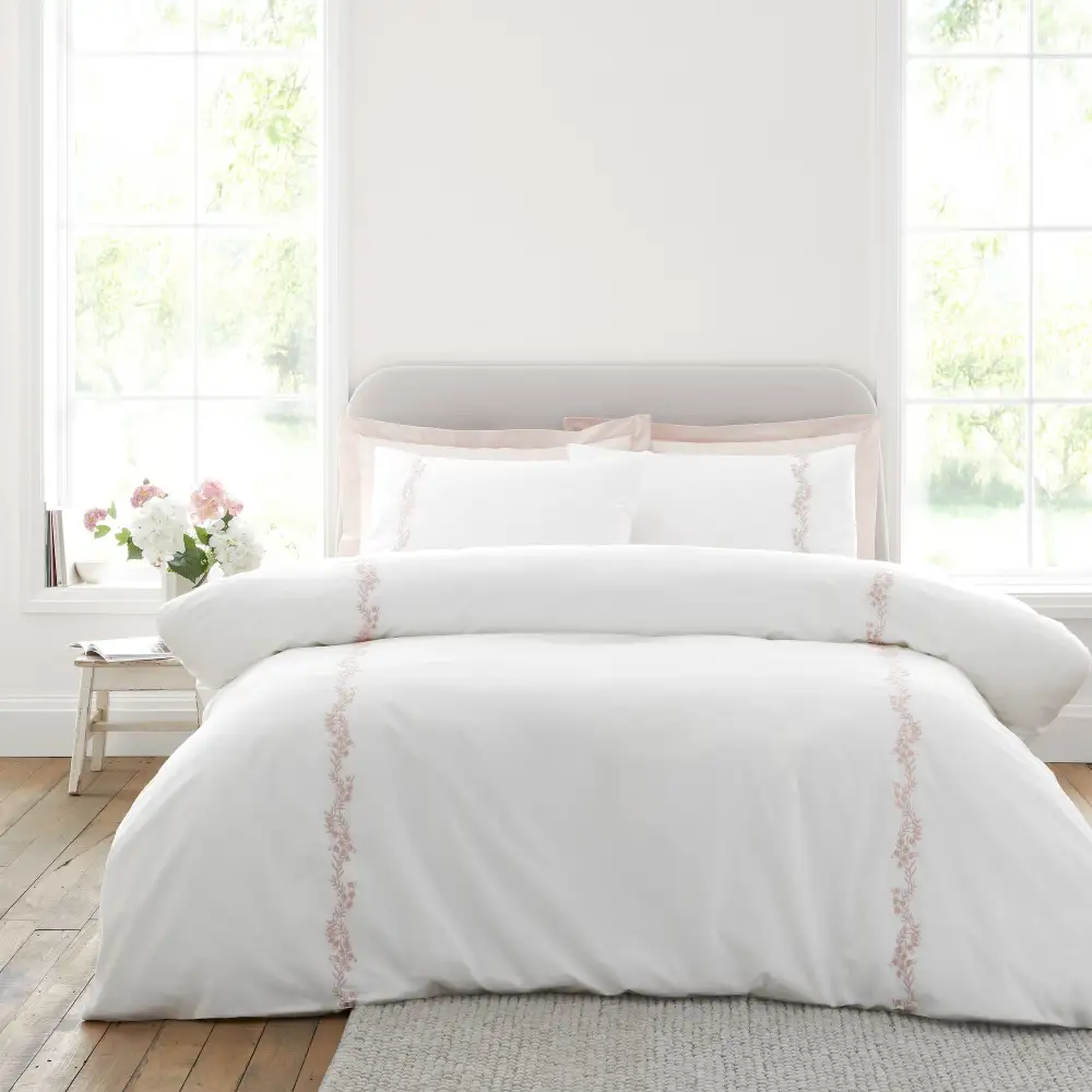 Calm Bedroom Embroidered Floral Cotton Duvet Cover Set