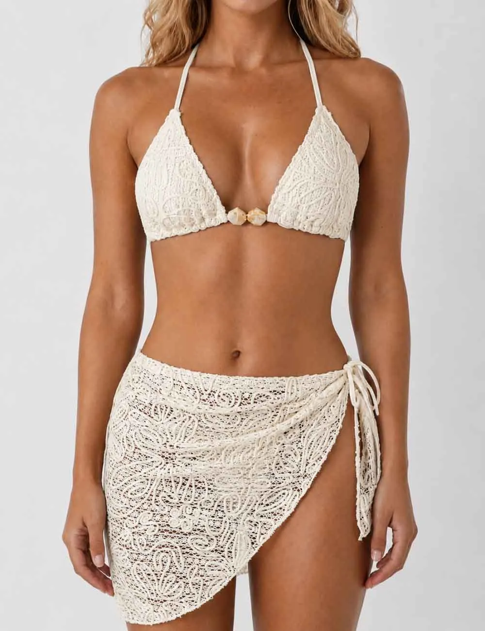 Crochet Triangle Bikini Set with Wrap Cover Up Skirt