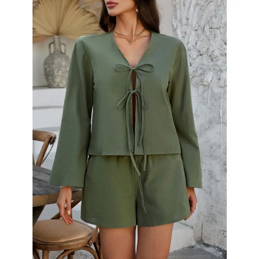 Double Tied V Neck Top and Shorts Set