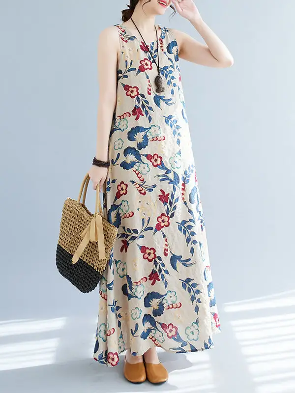 Floral Printed Sleeveless Neck Maxi Dress