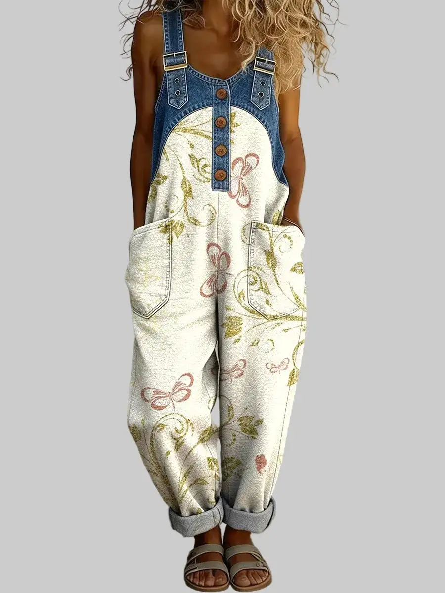 Modern Floral Denim Jumpsuit
