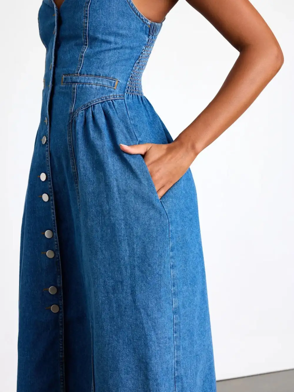 Relaxed Shape Denim Button Front Midi Dress