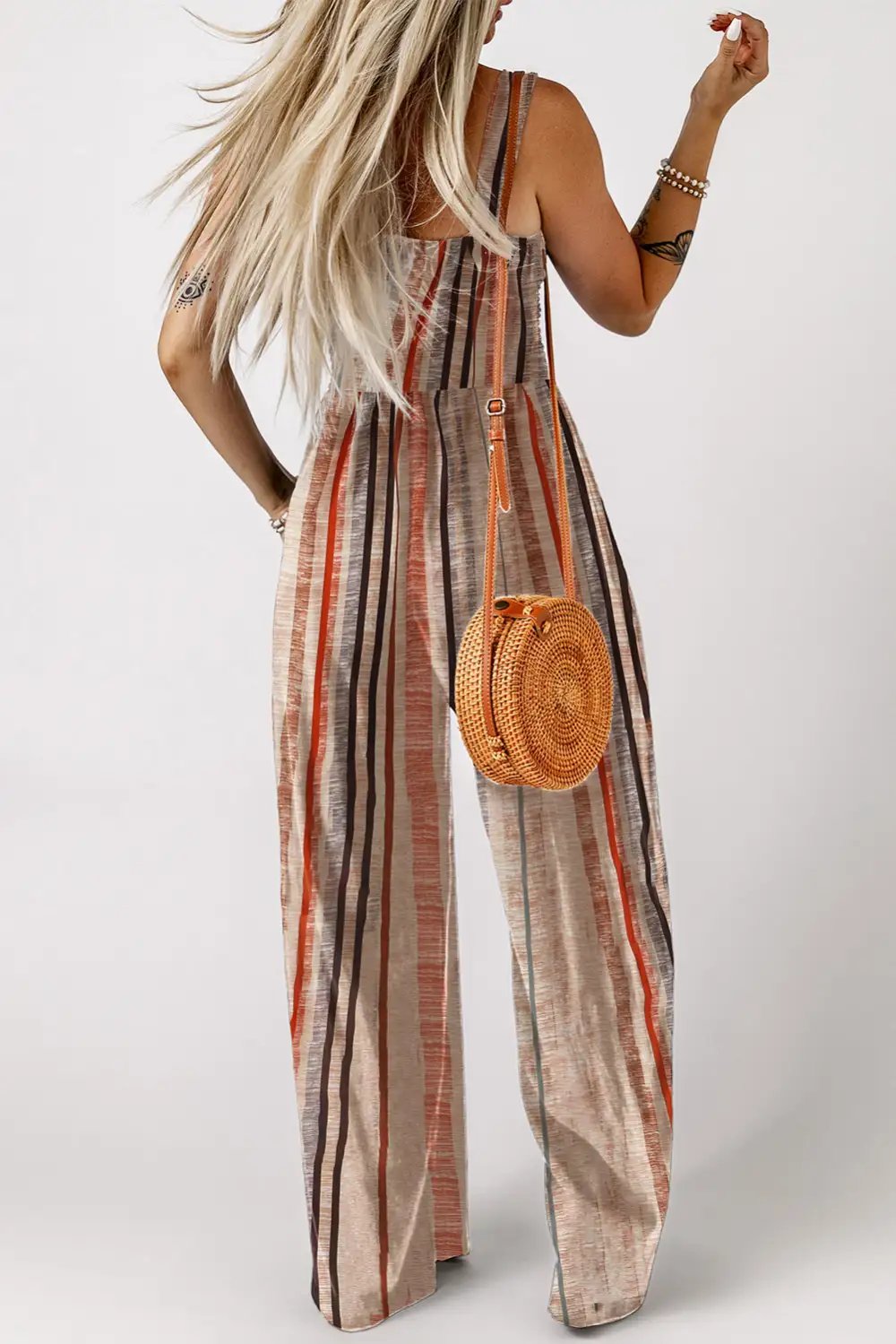 Stripe Square Neck Sleeveless Smocked Bodice Jumpsuit