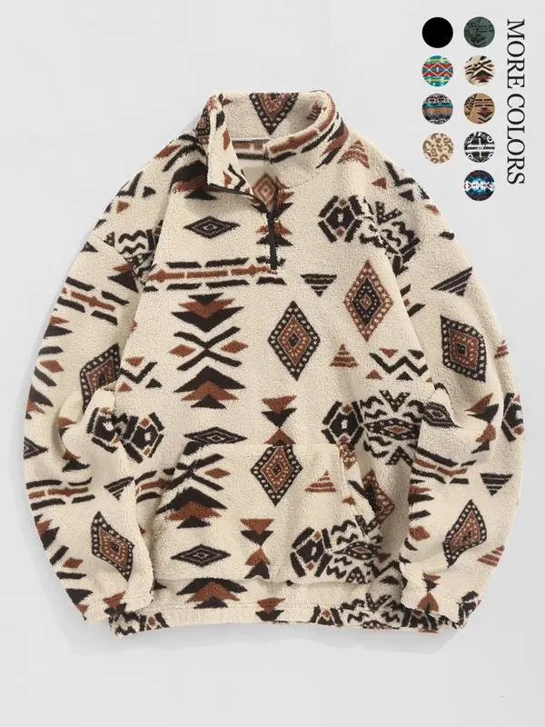 🎁Halloween Sale 49% Off - Casual Ethnic Pattern Zipper Sweatshirt – Drop Shoulder Long Sleeve Pullover with Stand Collar, Soft & Comfy Fit