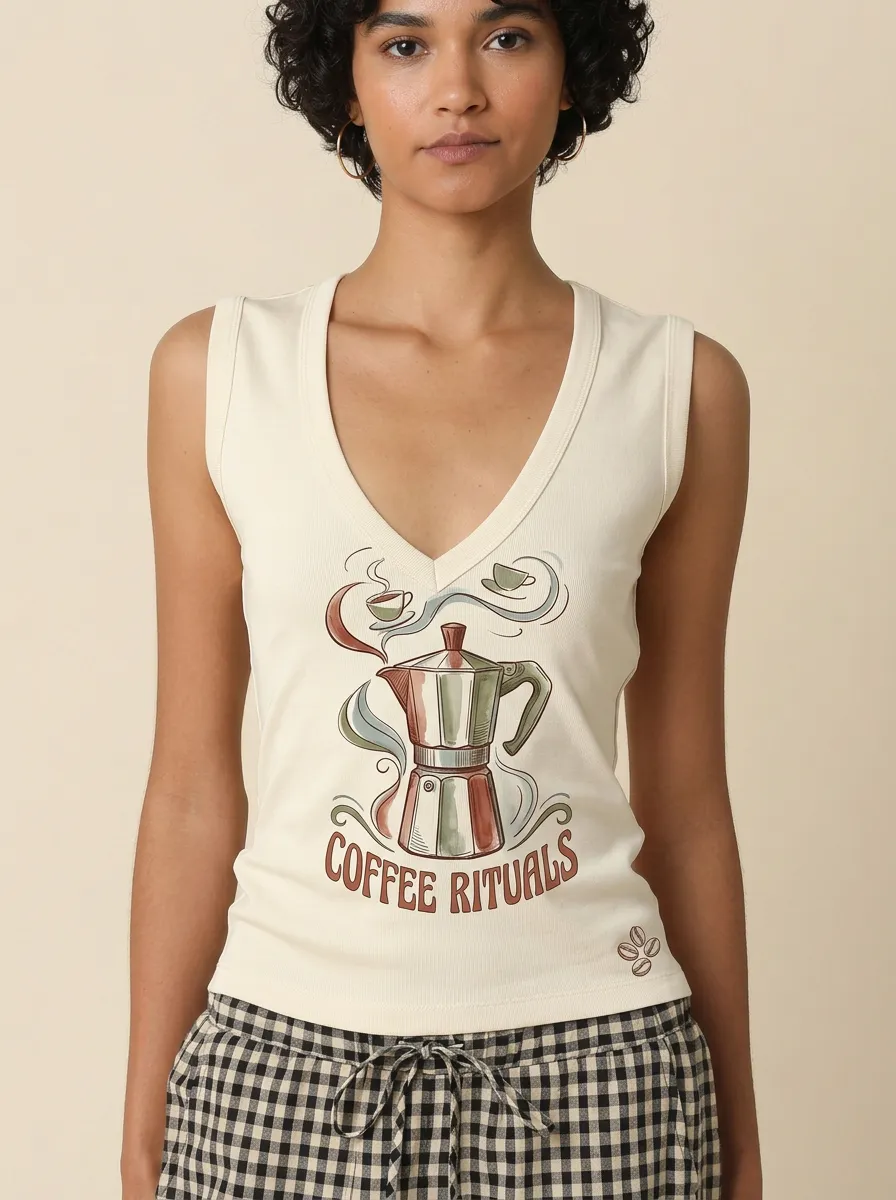 Women's Coffee Lover Moka Pot Rituals Printed Tank Top