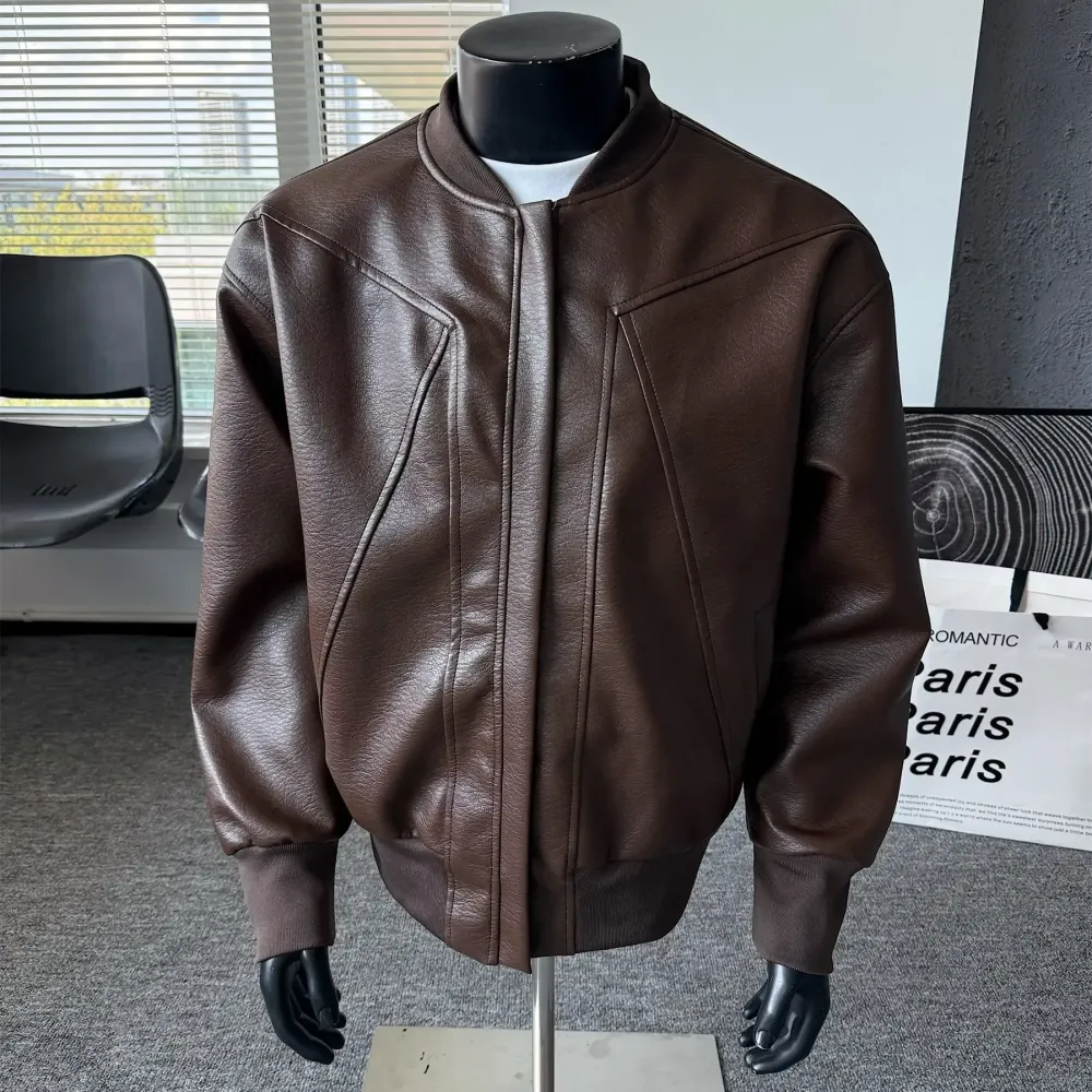 Men's solid color sporty windproof leather jacket