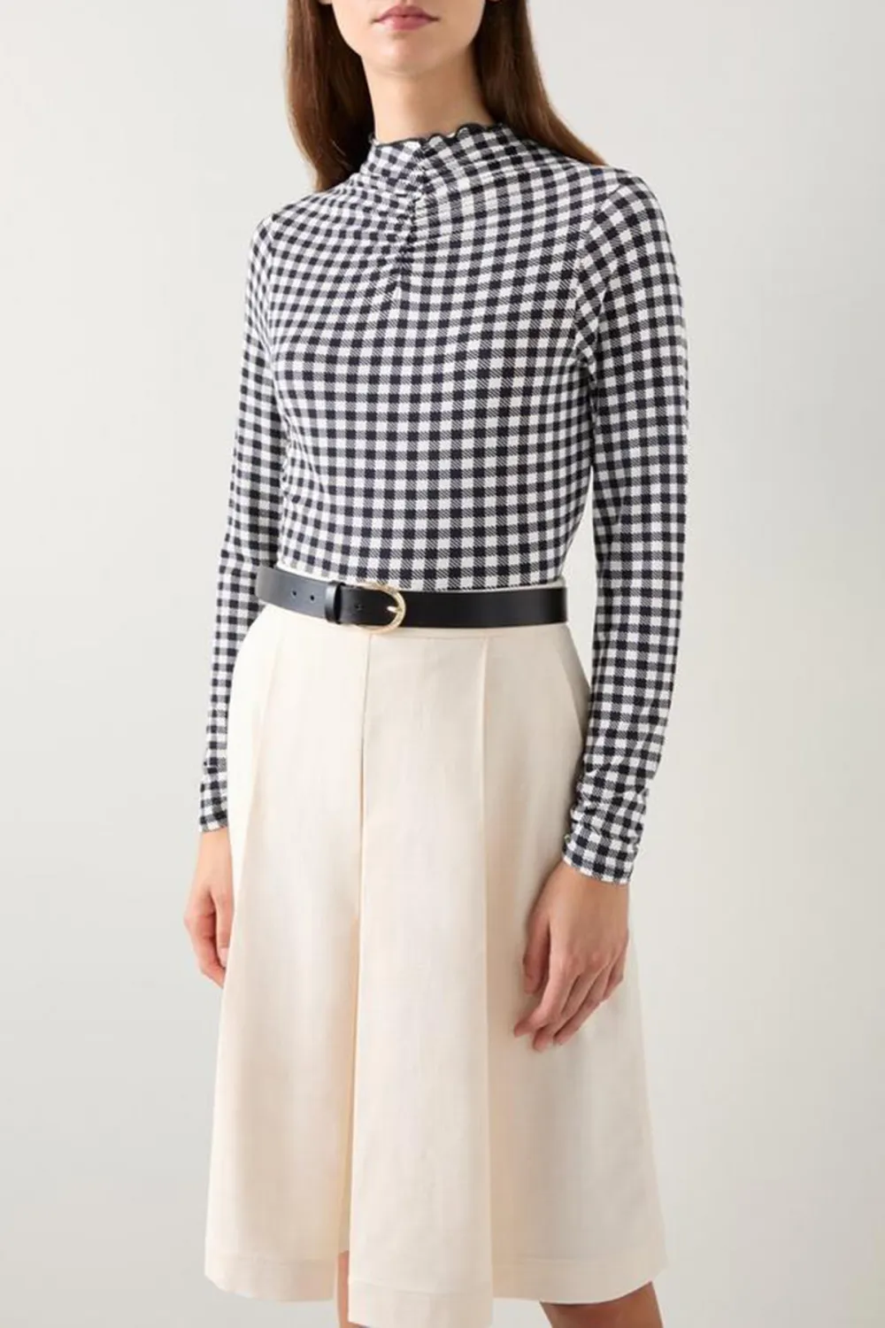 Black Cream Checkered High Neck Long Sleeve Top