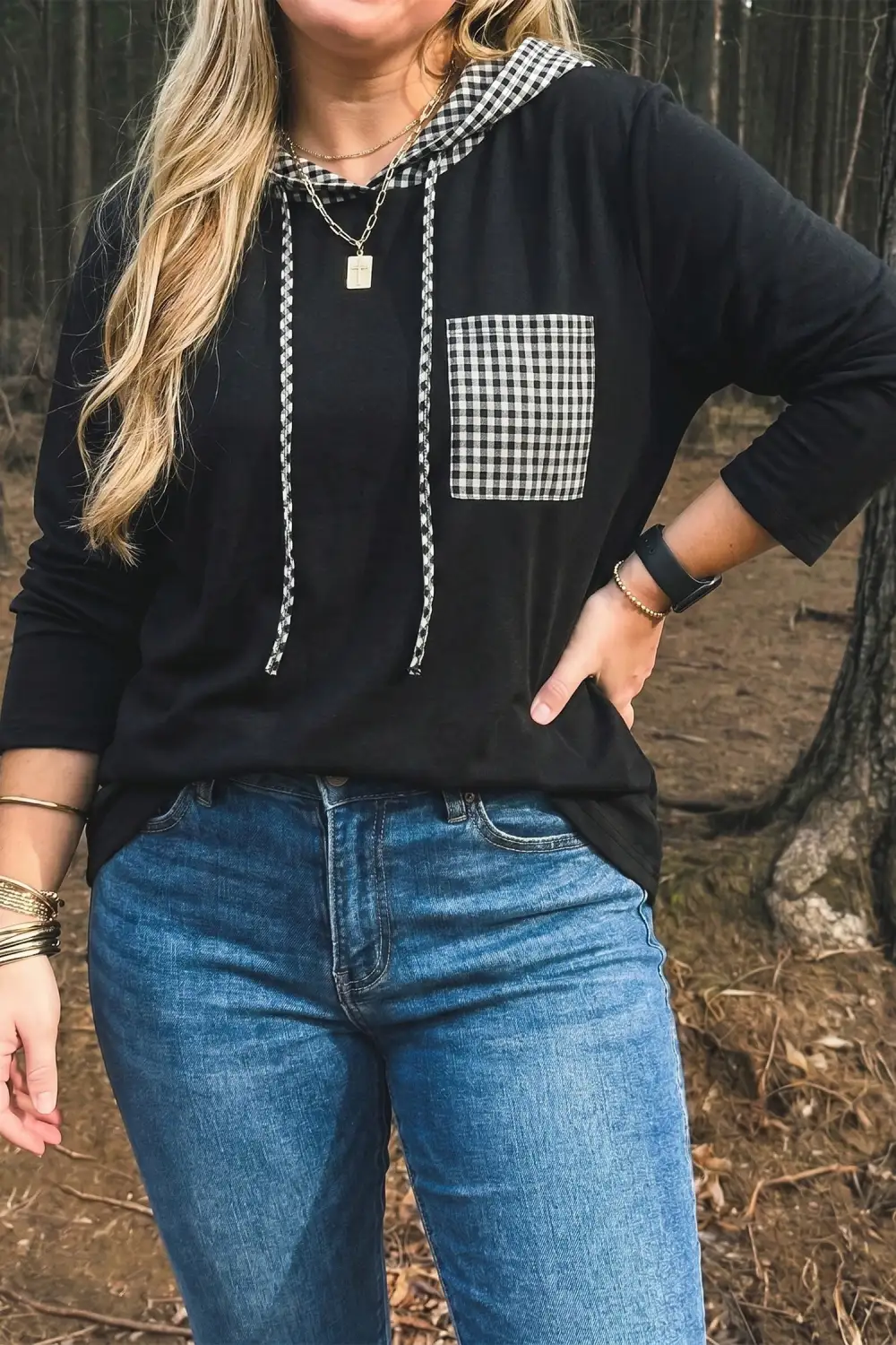 Plaid Hooded Relaxed Cotton Blend Long Sleeve Top